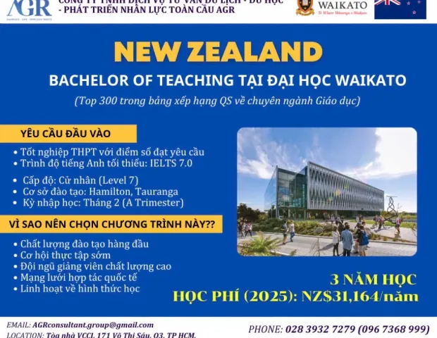 NEW ZEALAND – BACHELOR OF TEACHING TẠI ĐẠI HỌC WAIKATO – TOP 300 TRONG BẢNG XẾP HẠNG QS VỀ CHUYÊN NGÀNH GIÁO DỤC