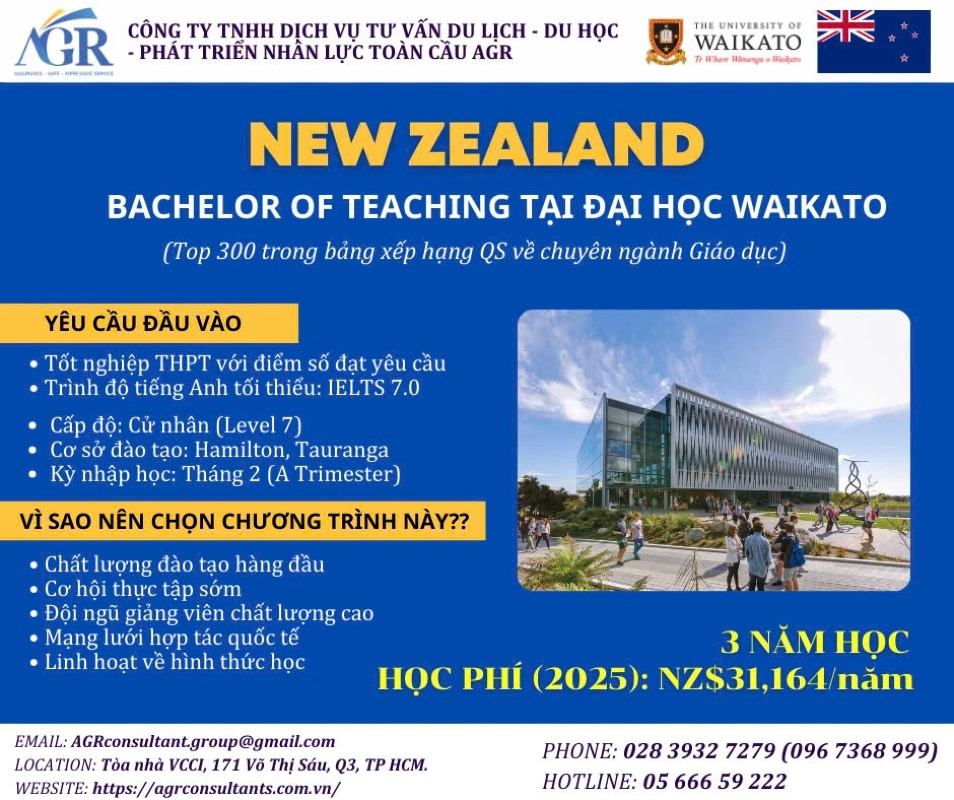 NEW ZEALAND – BACHELOR OF TEACHING TẠI ĐẠI HỌC WAIKATO – TOP 300 TRONG BẢNG XẾP HẠNG QS VỀ CHUYÊN NGÀNH GIÁO DỤC